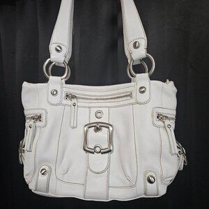 B.Makowsky Pebbled White Leather Shoulder Bag w/Brushed Silver Accents